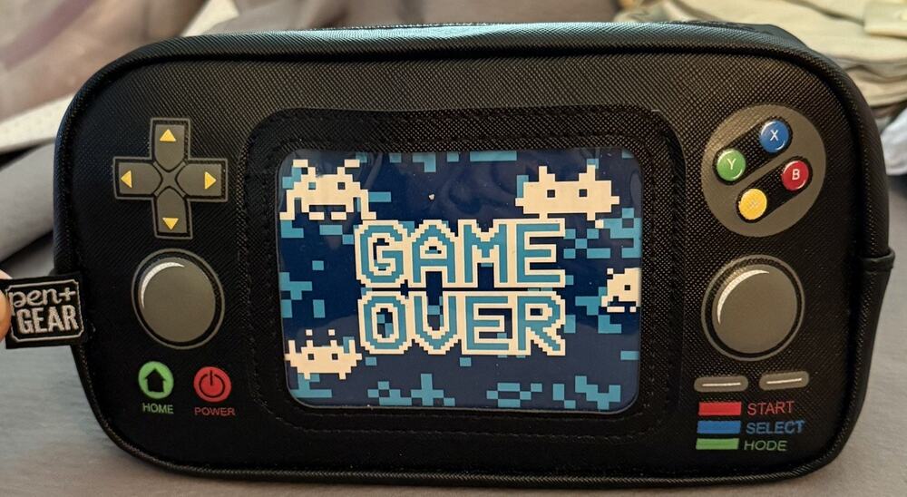 Pen+Gear Pencil Pouch Handheld Video Game, Black Blue GAME OVER Zip School Case